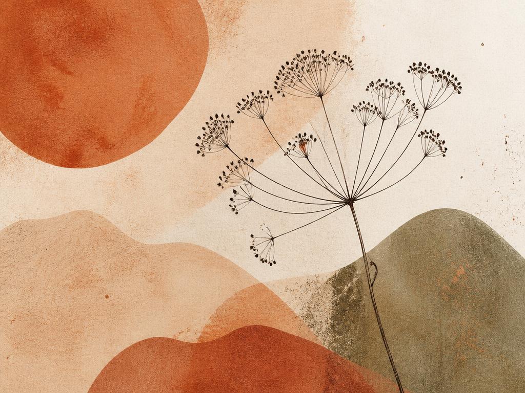 Warm terracotta and sand abstract wash with a fine ink drawing of a seed head