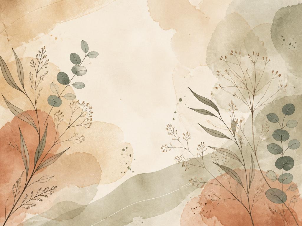 Warm watercolor botanical texture with eucalyptus and seed heads in olive and terracotta tones